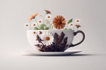 white cup of tea with flowers and dried herbs, generative AI 