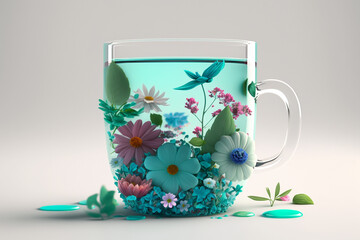 Aqua cup of tea with flowers on a white background, generative AI 