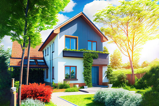 Illustration of modern German detached house with beautiful garden (Generative AI)