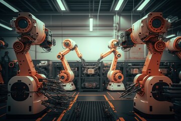 Robots in a high-tech factory. Advanced automation and AI manufacturing | generative AI
