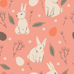 Seamless pattern with hares, leaf, ornaments. Easter concept. Trendy pattern. Can be used as wallpapers, wrapping paper, cards, etc. Hand drawn style. Easter spring vector illustration. . Vector