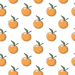 Cute orange Mandarin seamless pattern in doodle style. Vector hand drawn cartoon Mandarin illustration. Hand drawn Sketch of Mandarin. Pattern for kids clothes.