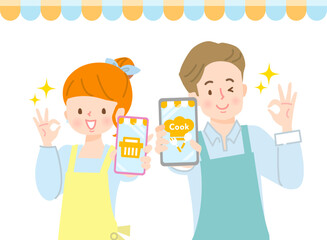 若い男女がスマホで献立を検索するイメージイラスト