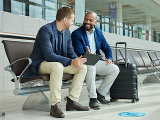 Airport, tablet and business people or partner flight booking, online travel news or digital schedule management app. Communication, lobby and tech of international black man with immigration advice - obrazy, fototapety, plakaty