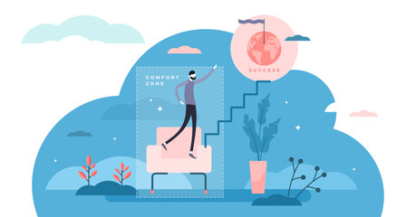 Comfort zone concept, flat tiny person illustration, transparent background. Safe daily lifestyle versus risk and personal growth steps. Motivation and inspiration for success and achievements.