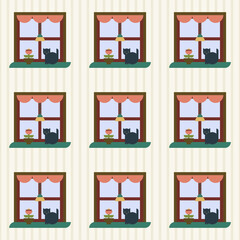 Seamless pattern abstract window with cat