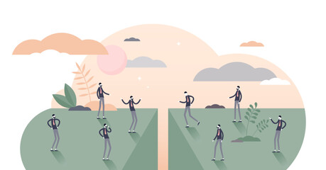Divided people illustration, transparent background. Social community separation tiny persons concept. Split population and polarize crowd with stereotypes unequal income and opinion.