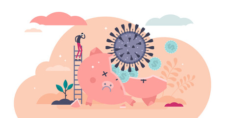 Economical crash concept, flat tiny person illustration, transparent background. Broken piggy bank by Corona virus COVID-19 pandemic crash.