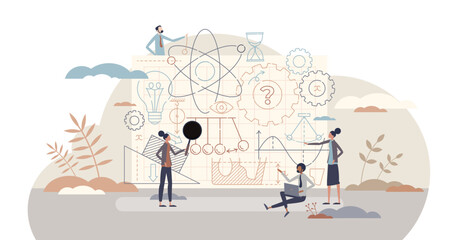 Engineering physics with science and mechanic technology tiny person concept, transparent background. Learning technical experiments, formula equations and force calculations illustration.