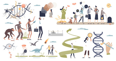 Evolution set with development and progress items tiny person collection set, transparent background.Human life generation and earth prehistoric timeline elements illustration.
