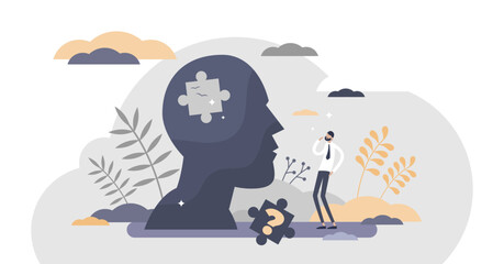Memory loss as brain amnesia problem and thoughts forget tiny persons concept, transparent background. Medical issue symbolic scene with missing puzzle piece in head illustration.