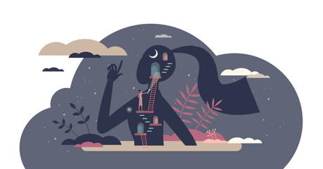 Mental self discovery and inner personality explore tiny person concept, transparent background. Personal emotions and feelings psychological research with therapy session illustration.