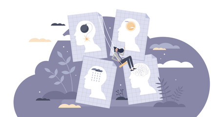 Mood swings as confusion behavior and emotions change tiny persons concept, transparent background. Personality and temperament from psychology mental aspect illustration.