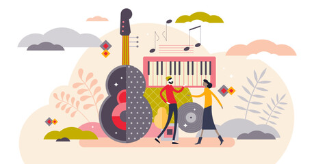 Music festival abstract concept, flat tiny person illustration, transparent background. Musical party event with stylized instruments and dancing fun couple. © VectorMine