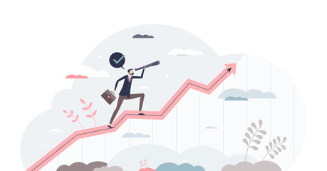 Sales forecasting and financial company profit prediction tiny person concept, transparent background. Business development calculation and performance statistic measurement illustration. - obrazy, fototapety, plakaty