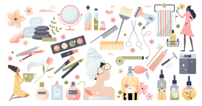 Beauty set with female cosmetics, spa and skincare items tiny peron concept, transparent background. Collection with essential oils, perfume, makeup and SPA treatment elements illustration.