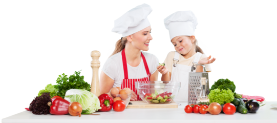 mother and daughter prepare salads