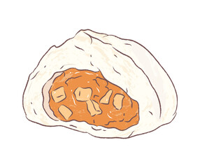 Whole and sliced steamed buns with bamboo and meat in flat illustration
