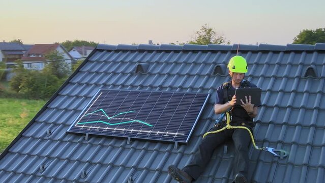 Solar panel engineer using technology to install panels, motion graphics concept