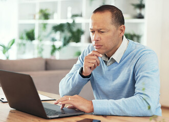 Naklejka premium Thinking, planning and business man on laptop with email, financial management and startup investment ideas. Work from home boss, entrepreneur or person focus, typing on computer for website strategy