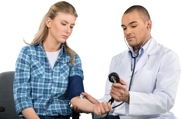 Man doctor checking young woman blood pressure
