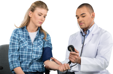 Man doctor checking young woman blood pressure