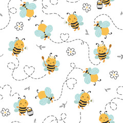 Seamless Pattern with Flying Cute Bee and doodle flower, Cartoon Animals Background, Design for baby clothes, t-shirts, wrapping, fabric, textiles and more