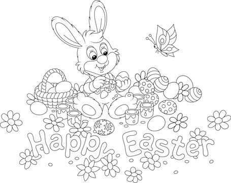 Greeting card with a happy little bunny decorating Easter gift eggs with bright paints on a pretty spring lawn with flowers and a merrily fluttering butterfly, vector cartoon