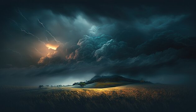  a painting of storm clouds over a field with a house on a hill in the foreground and a dark sky with lightning in the background.  generative ai