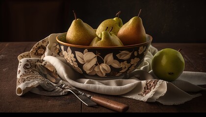  a bowl of pears and a knife on a table with a cloth and a cloth napkin on the side of the bowl and a knife and a bowl of pears next to it.  generative ai