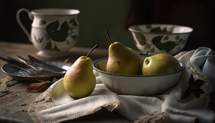  a bowl of pears on a table with a cloth and a tea cup in the background with a knife and fork on it and a cloth on the tablecloth.  generative ai