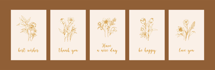 Floral cards with outlined spring flowers drawn in retro style. Botanical postcards designs, blooming plants and phrases. Vertical backgrounds, vintage herbs. Handdrawn vector illustrations set