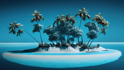 Obraz na płótnie Canvas a small island with palm trees in the middle of the water and a blue sky in the back ground, with a small island in the middle of the middle of the water. generative ai