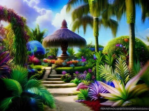 Tropical forest. Landscape of rainforest. Enchanted tropical garden. A magical garden with clouds. AI