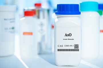 AsO arsenic monoxide CAS 12005-99-1 chemical substance in white plastic laboratory packaging