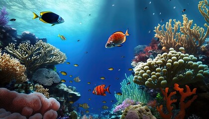 an underwater scene with corals and tropical fish in the water and sunlight shining on the water surface and the water surface is blue and the water is very clear.  generative ai