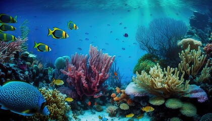  a large group of fish swimming over a coral reef in a blue ocean with corals and sponges on the bottom of the water.  generative ai