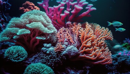  an underwater scene with corals and other corals in the water and a fish swimming in the water near the corals on the bottom of the picture.  generative ai