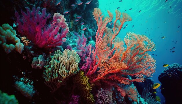  a colorful coral reef with fish swimming around it's corals and corals on the water's surface in the blue water.  generative ai