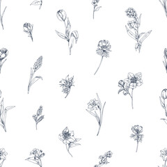 Engraved flowers pattern, botanical repeating print. Vintage outlined contoured floral plants, endless background, texture design. Etched hand-drawn vector illustration for fabric, textile, wrapping