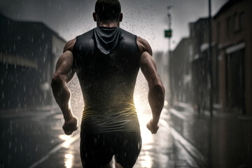 Fototapeta na wymiar Male athlete running/ jogging on street in the raining, generative ai