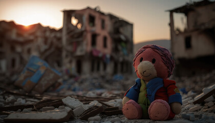 Children's toy among the ruins after the earthquake in Turkey, Syria Generative Ai