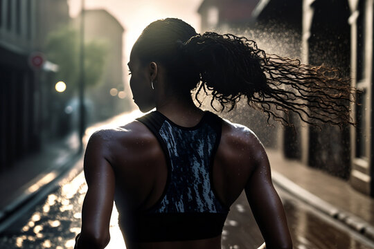 Generative Illustration AI of Black hair African looking female athlete running/ jogging on street after raining
