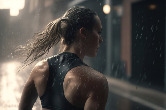 Generative Illustration AI of brown hair white Caucasian looking female athlete running/ jogging on street after raining