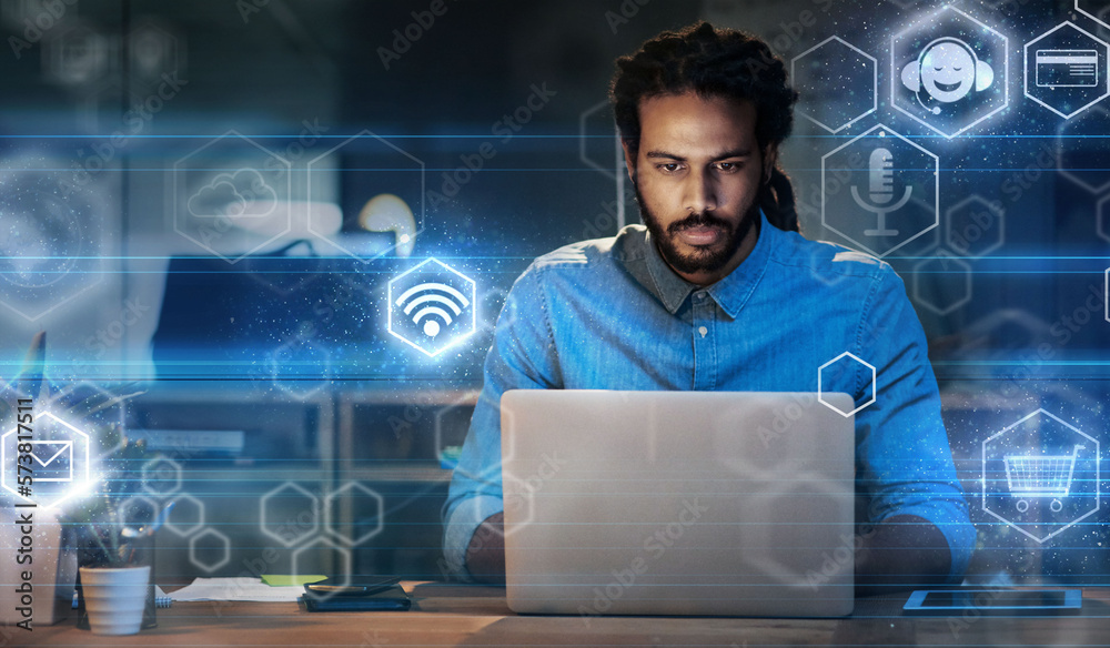 Poster Black man in business, app icons with laptop and digital transformation, information technology and global network. Hologram, 3D and overlay with wifi, software and futuristic with cloud computing