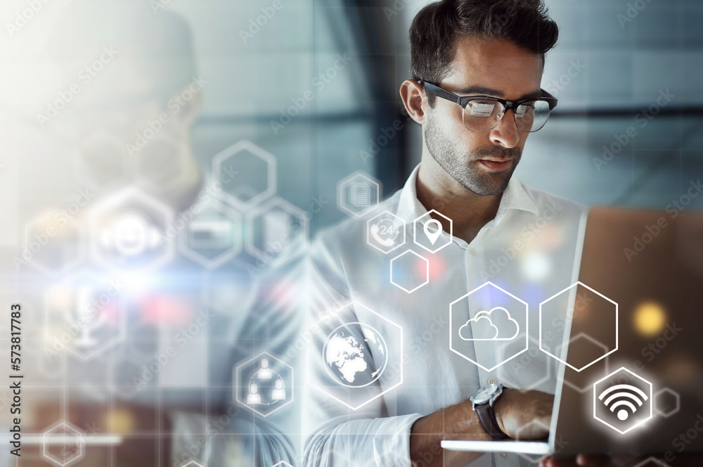 Poster Business man, global network and hologram with laptop and digital transformation, information technology and mockup. Icons, 3D and overlay with wifi, software and app, cloud computing and database