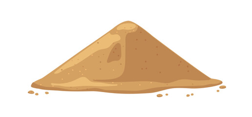 Brown cane sugar heap. Granulated crystals, sweet powder, sand heap. Organic products, crumbs, sweetener. Flat vector illustration isolated on white background