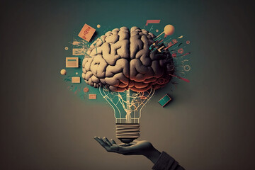 Generative AI illustration of conceptual art collage of hands holding a light bulb which appears a brain full of ideas and knowledge - obrazy, fototapety, plakaty