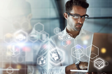 Business man, global network and hologram with laptop and digital transformation, information technology and mockup. Icons, 3D and overlay with wifi, software and app, cloud computing and database