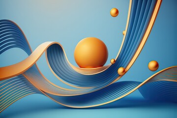 Orange Ball on Blue Wavy Ribbons. Photo generative AI